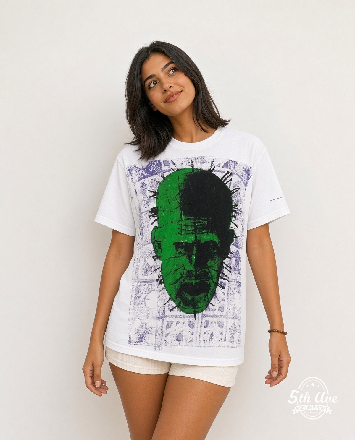 Model wearing the Hellraiser Pinhead the Hell Priest all-over-print movie tee