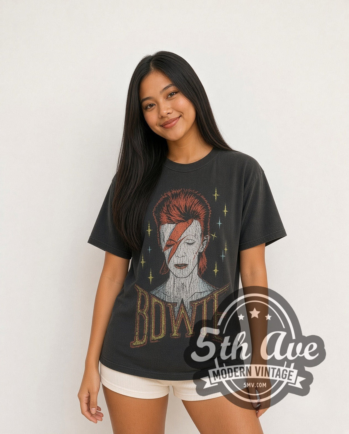 Model wearing the David Bowie 1976 World Tour vintage band t-shirt