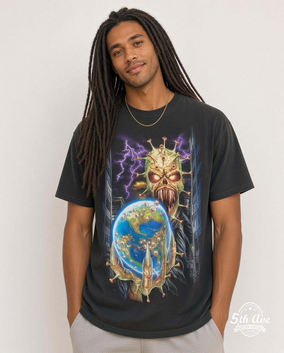 Model wearing the COVID-19 Cosmic Threat Virus Art graphic tee