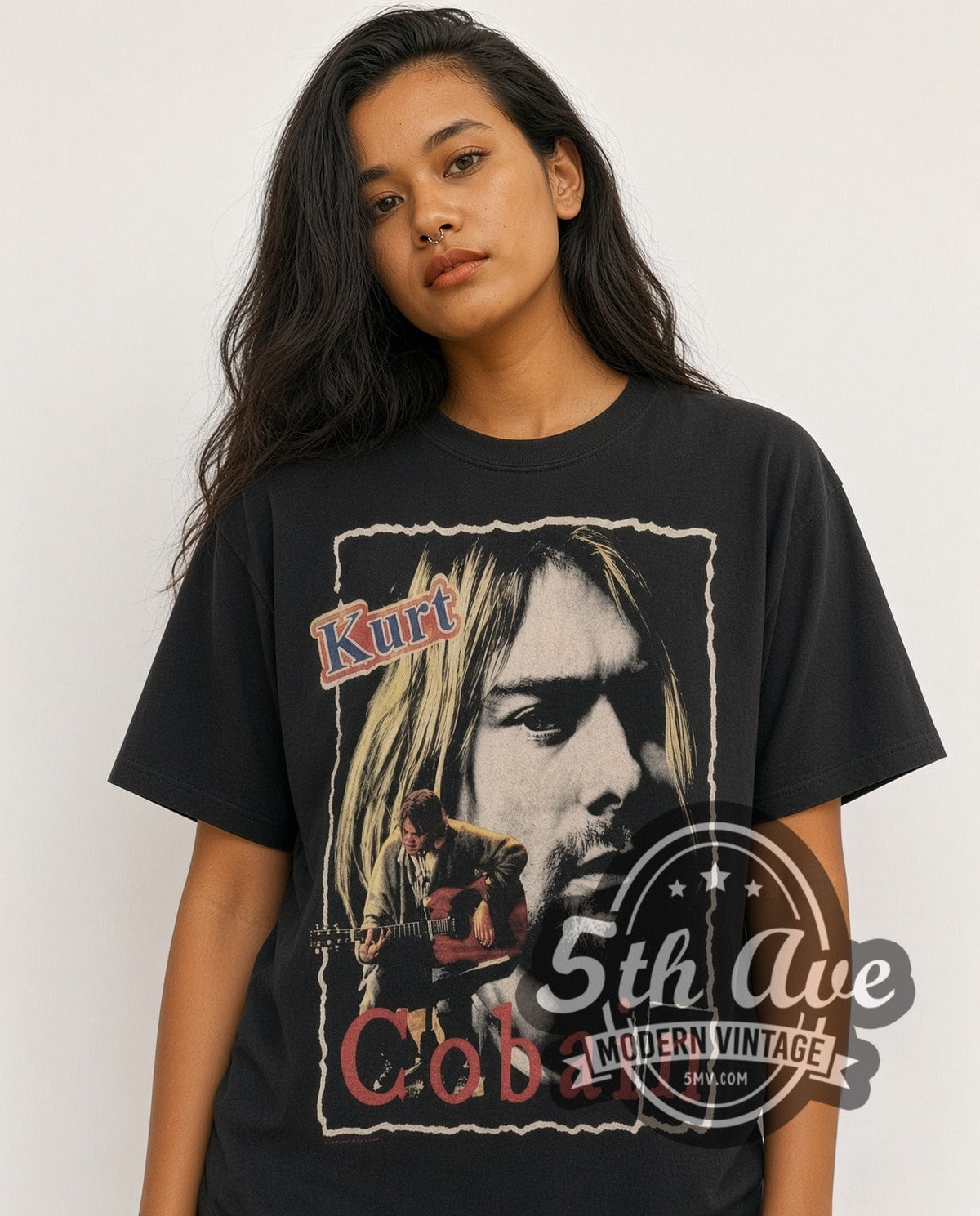 Model wearing the Kurt Cobain Portrait vintage band t-shirt in black