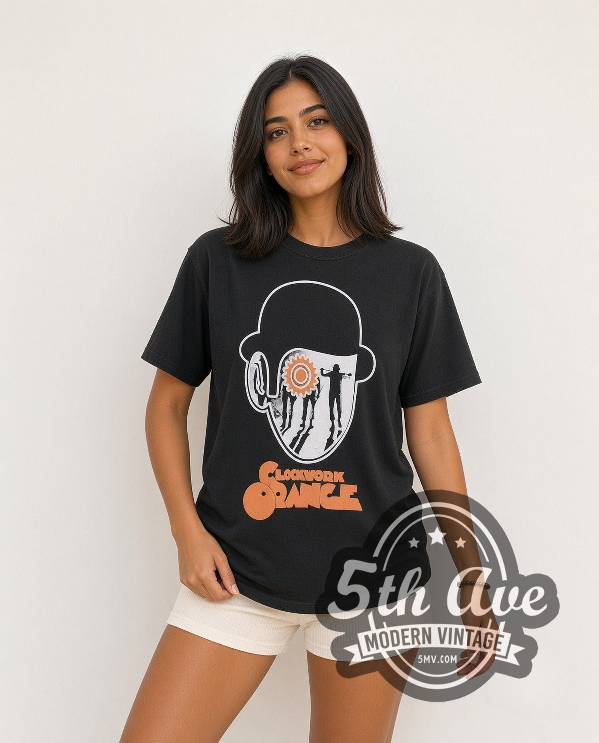 Model wearing the A Clockwork Orange Bowler Hat Eye vintage movie t-shirt