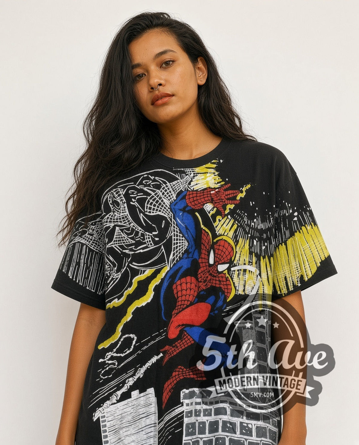 Model wearing the Marvel Spider-Man all-over-print vintage comic tee