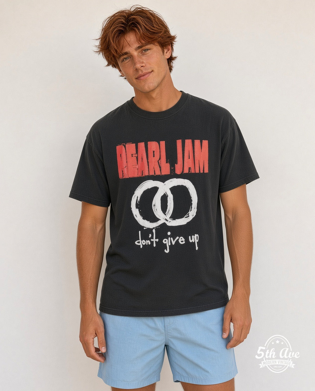 Model wearing the Pearl Jam Don't Give Up vintage band t-shirt