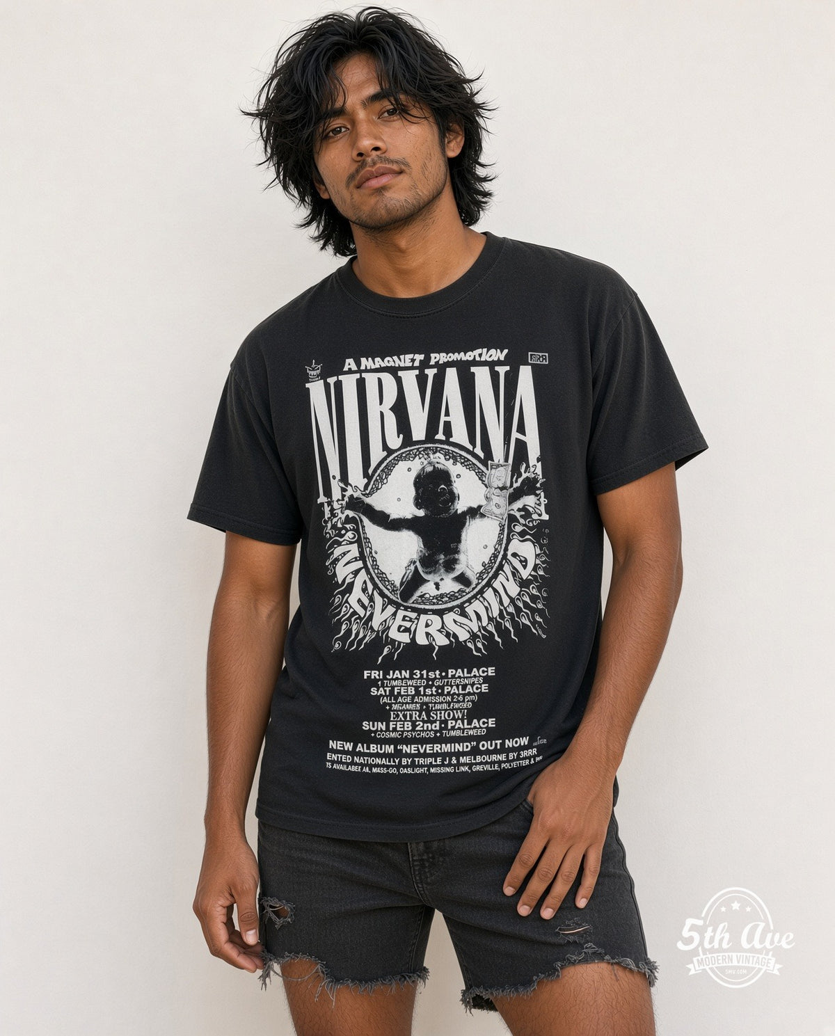 Model wearing the Nirvana Nevermind Australian Palace Concert Poster vintage band t-shirt