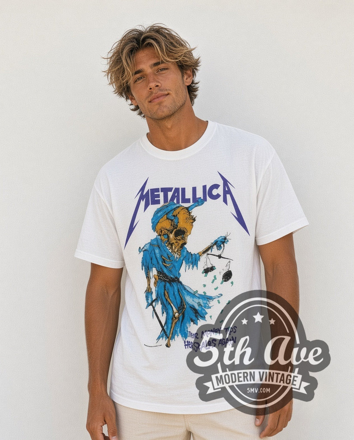 Model wearing the Metallica Their Money Tips Her Scales Again vintage band t-shirt
