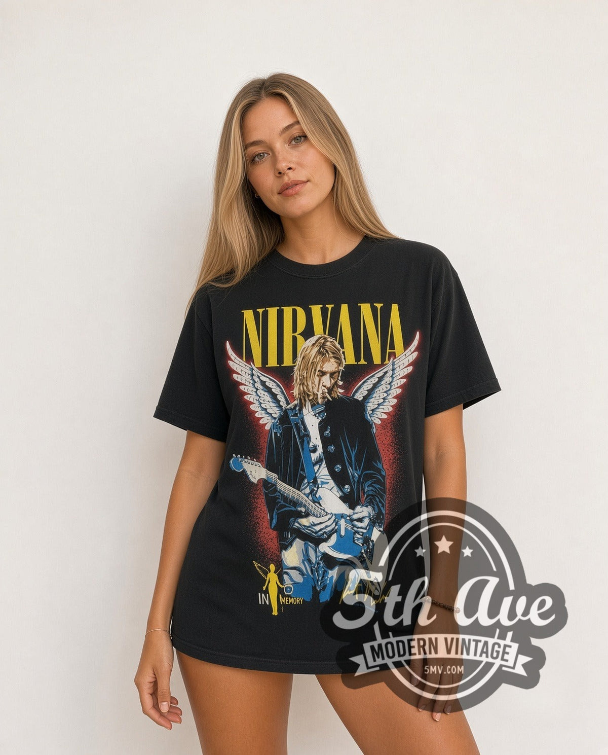 Model wearing the Kurt Cobain / Nirvana vintage band t-shirt