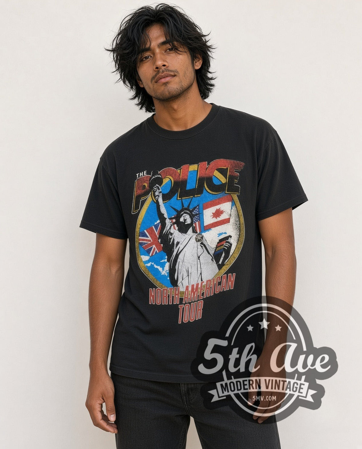 Model wearing The Police North American Tour 1983 vintage band t-shirt