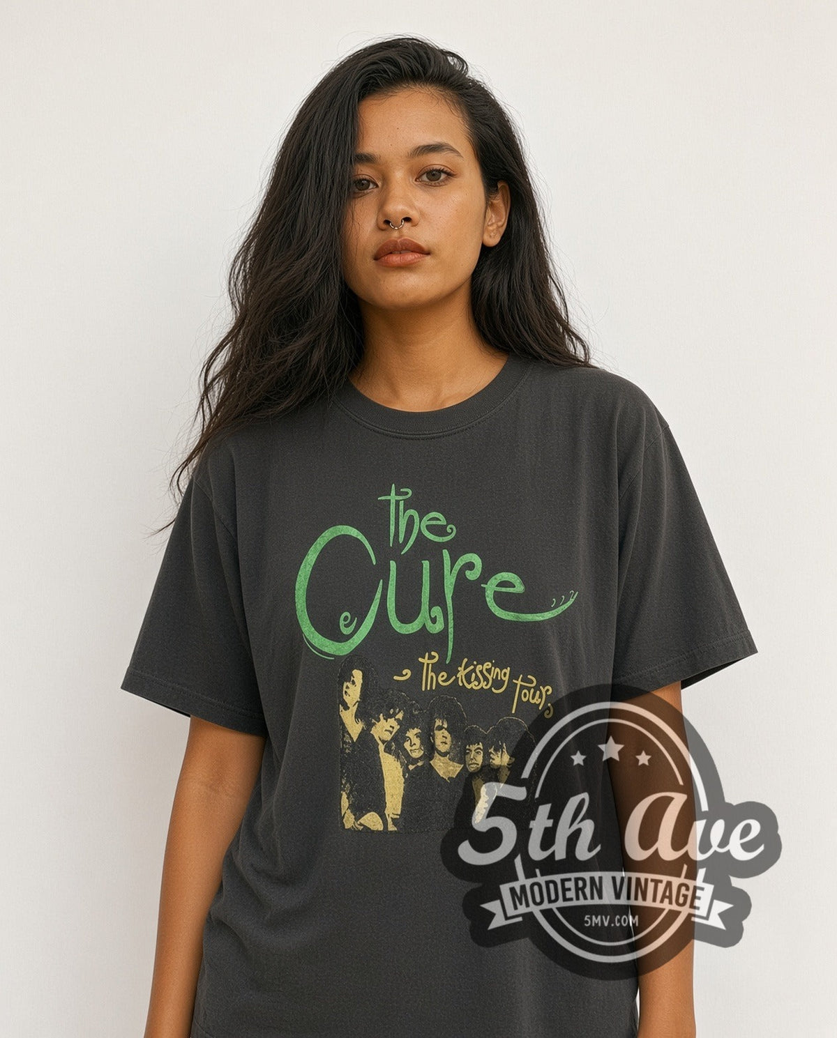 Model wearing The Cure The Kissing Tour vintage band t-shirt
