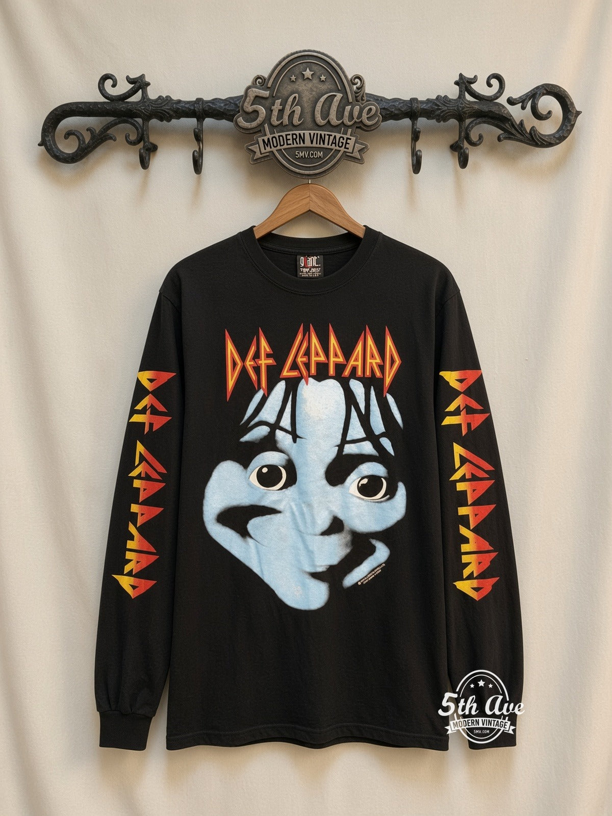 ETS LS 18 Def Leppard Blue Face long sleeve vintage tee on rack, front