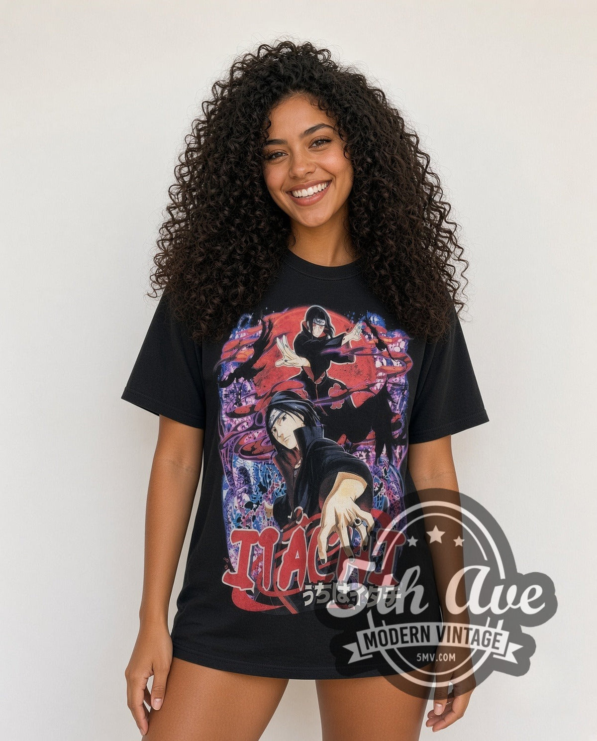 Model wearing the Naruto Shippuden Itachi Uchiha all-over-print vintage anime t-shirt
