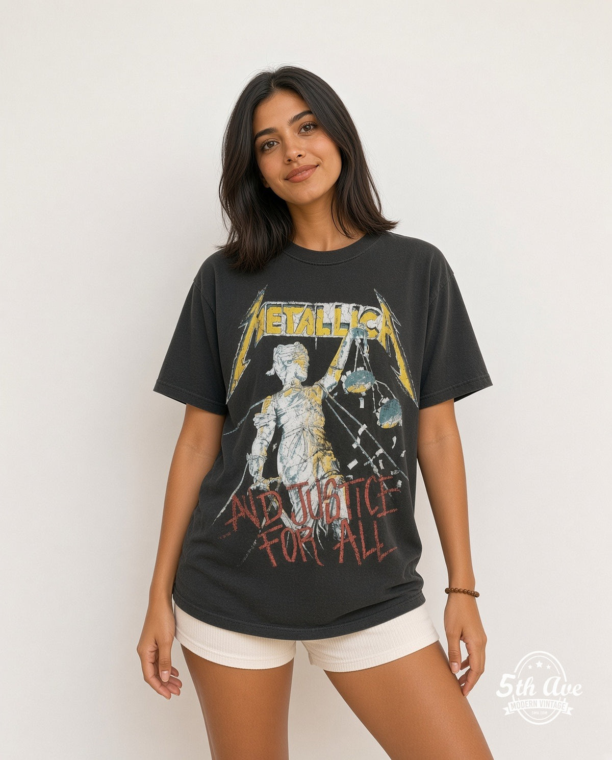 Model wearing the Metallica ...And Justice for All World Tour 1989 vintage band t-shirt