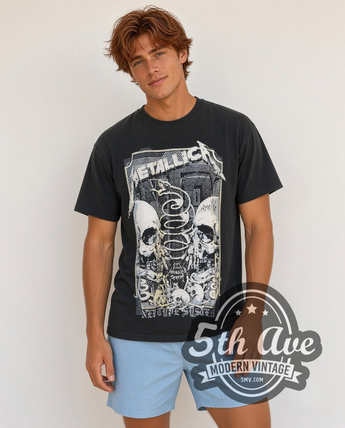 Model wearing the Metallica Birth School Twin Skulls Snake Banner vintage band t-shirt