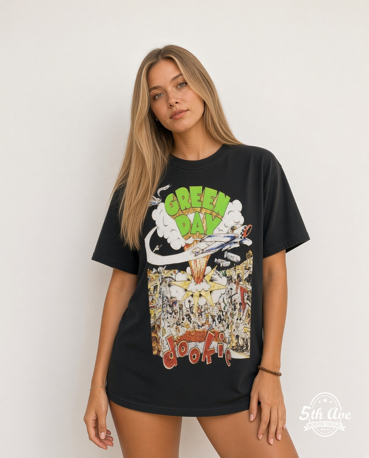 Model wearing the Green Day Dookie Album Cover Bomber vintage band t-shirt
