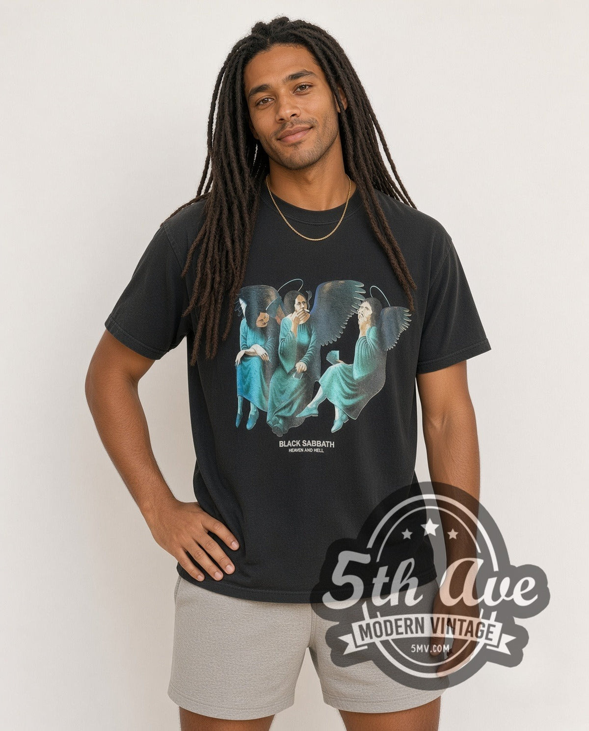 Model wearing the Black Sabbath Heaven and Hell vintage band t-shirt