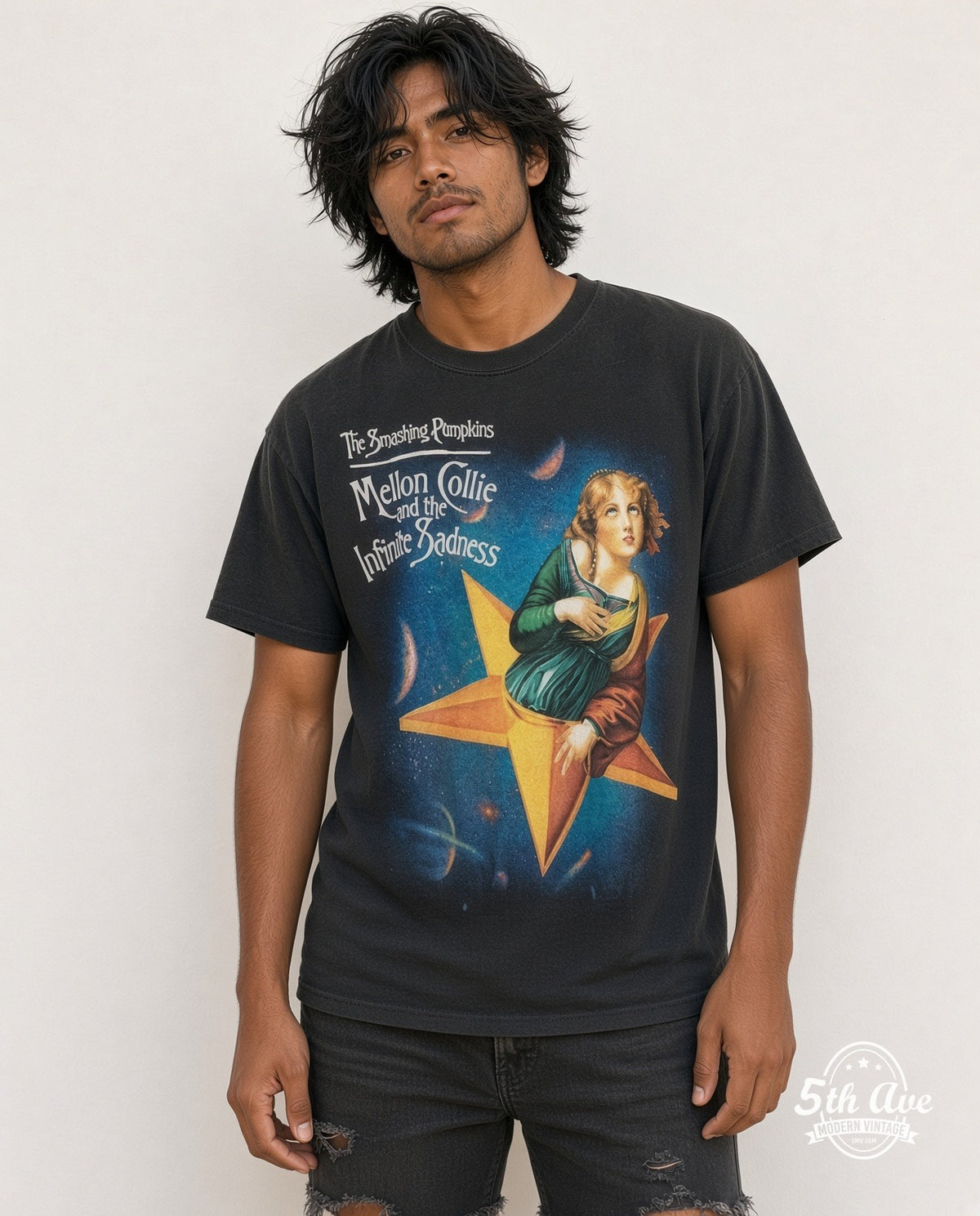 Model wearing The Smashing Pumpkins Mellon Collie and the Infinite Sadness vintage band t-shirt