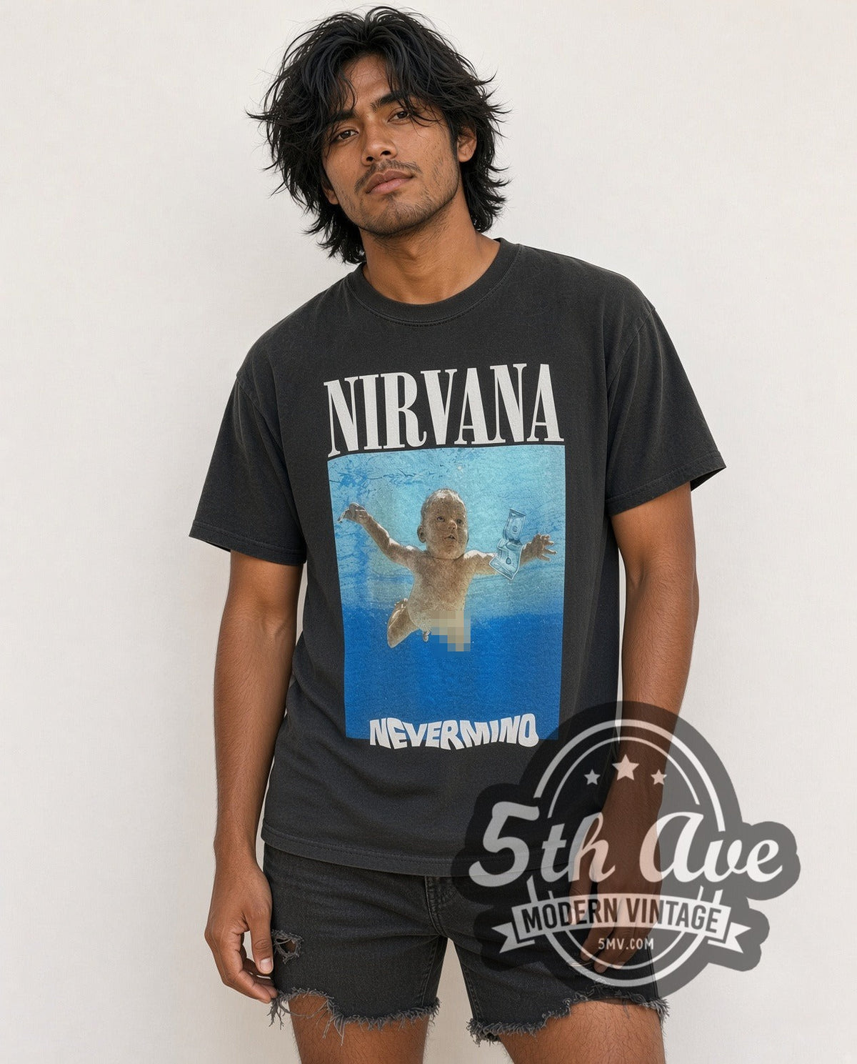 Model wearing the Nirvana Nevermind Swimming Baby Album Cover vintage band t-shirt