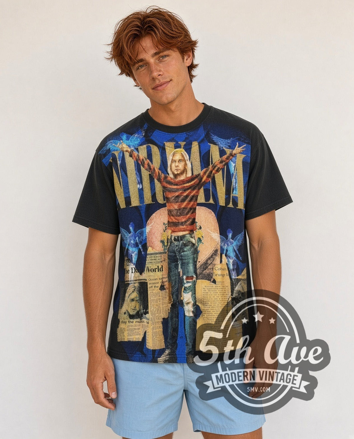 Model wearing the Kurt Cobain Nirvana in The Daily World all-over-print vintage band t-shirt
