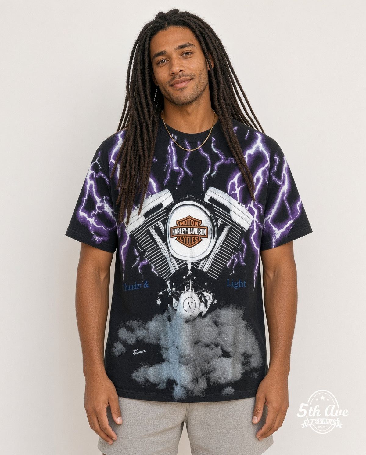 Model wearing the Harley-Davidson Thunder and Lightning Engine all-over-print graphic tee