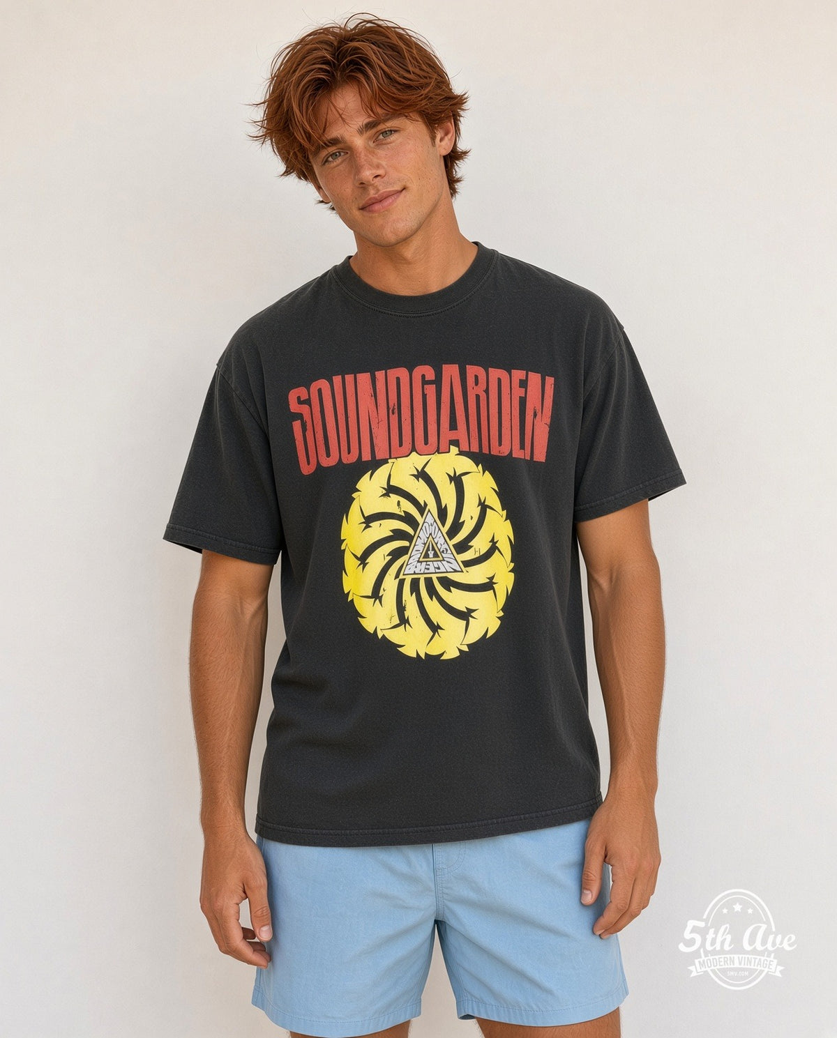 Model wearing the Soundgarden Badmotorfinger vintage band t-shirt