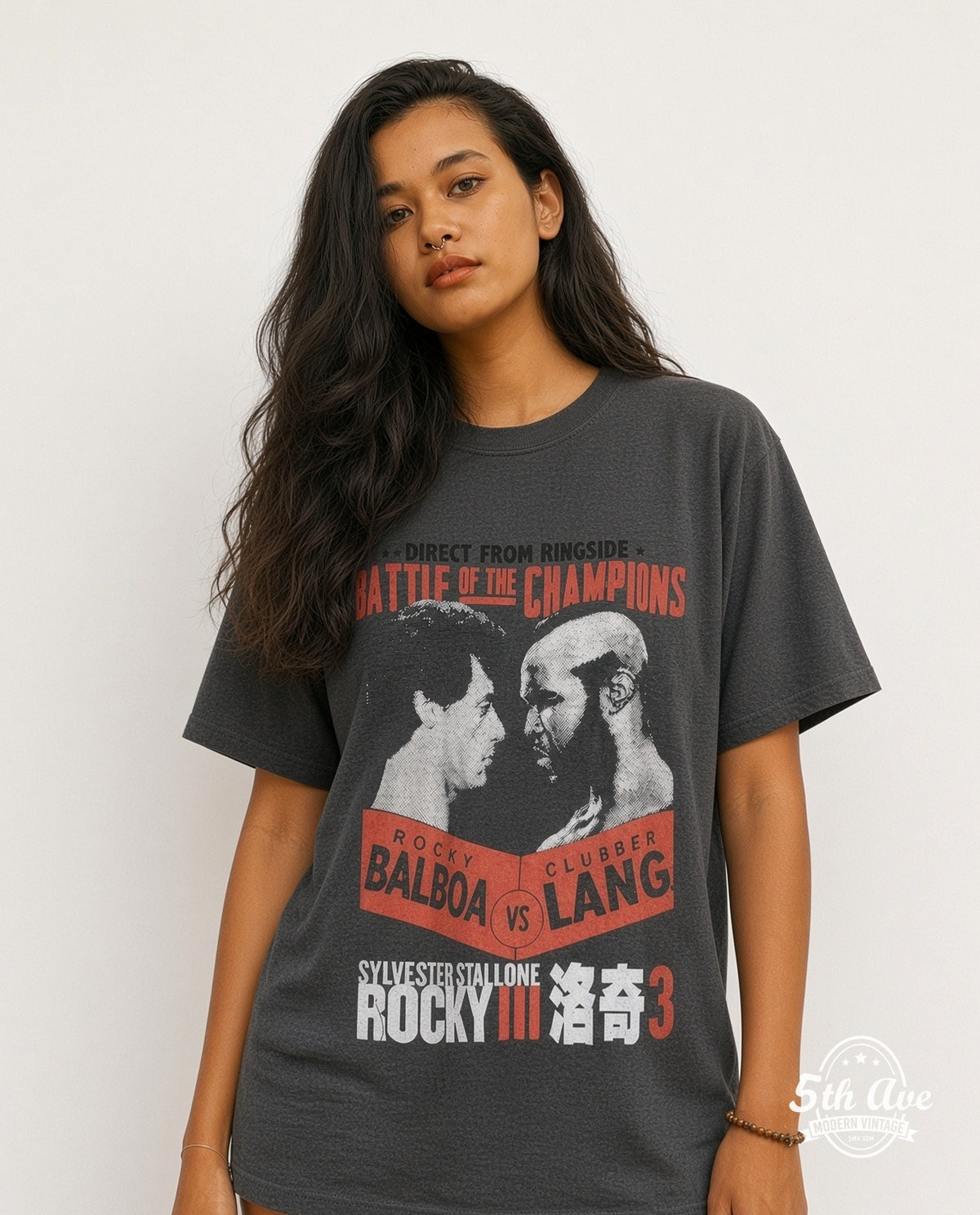 Model wearing the Rocky III vintage graphic t-shirt