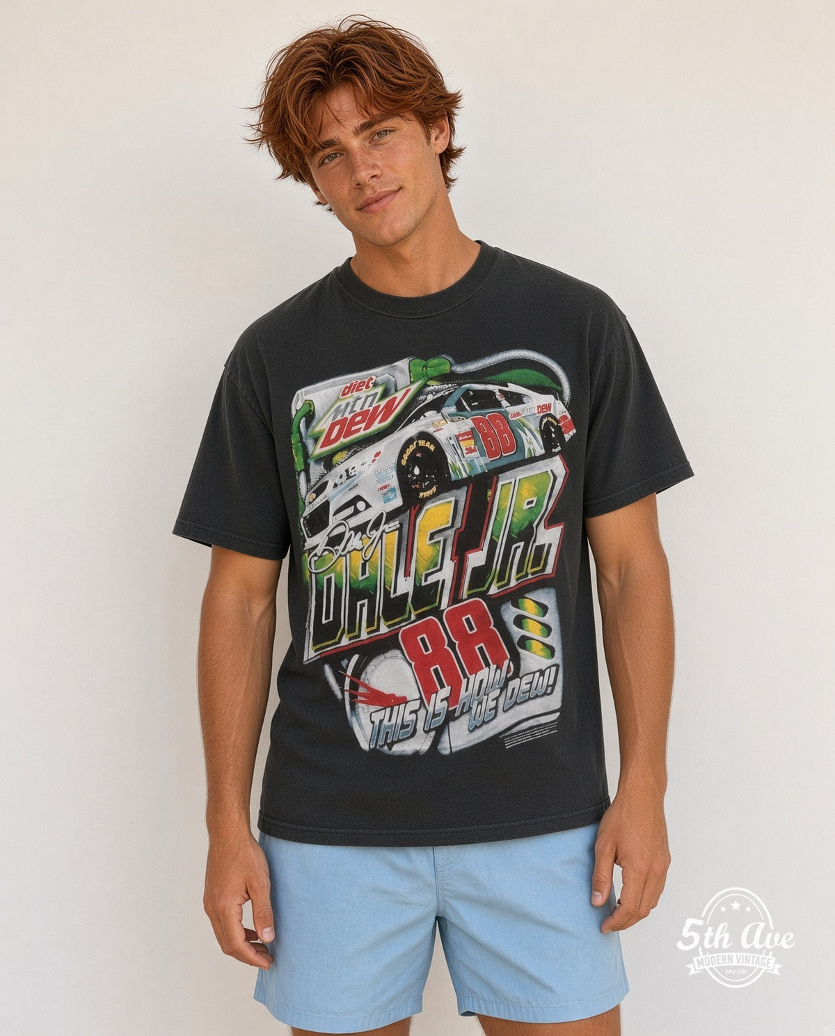 Model wearing the NASCAR Dale Earnhardt Jr. #88 Mountain Dew all-over-print NASCAR t-shirt in black