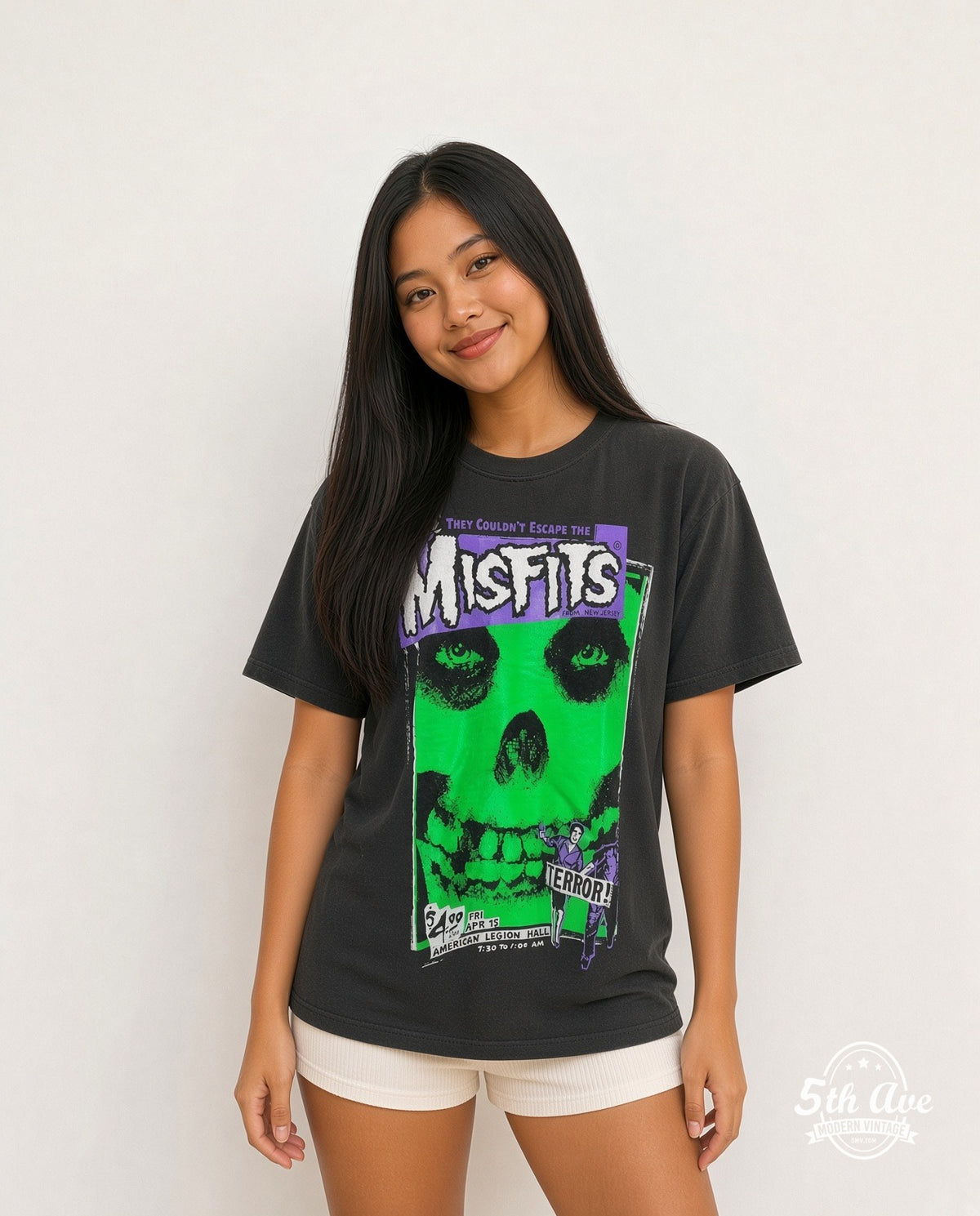 Model wearing the Misfits They Couldn't Escape the Misfits vintage band t-shirt