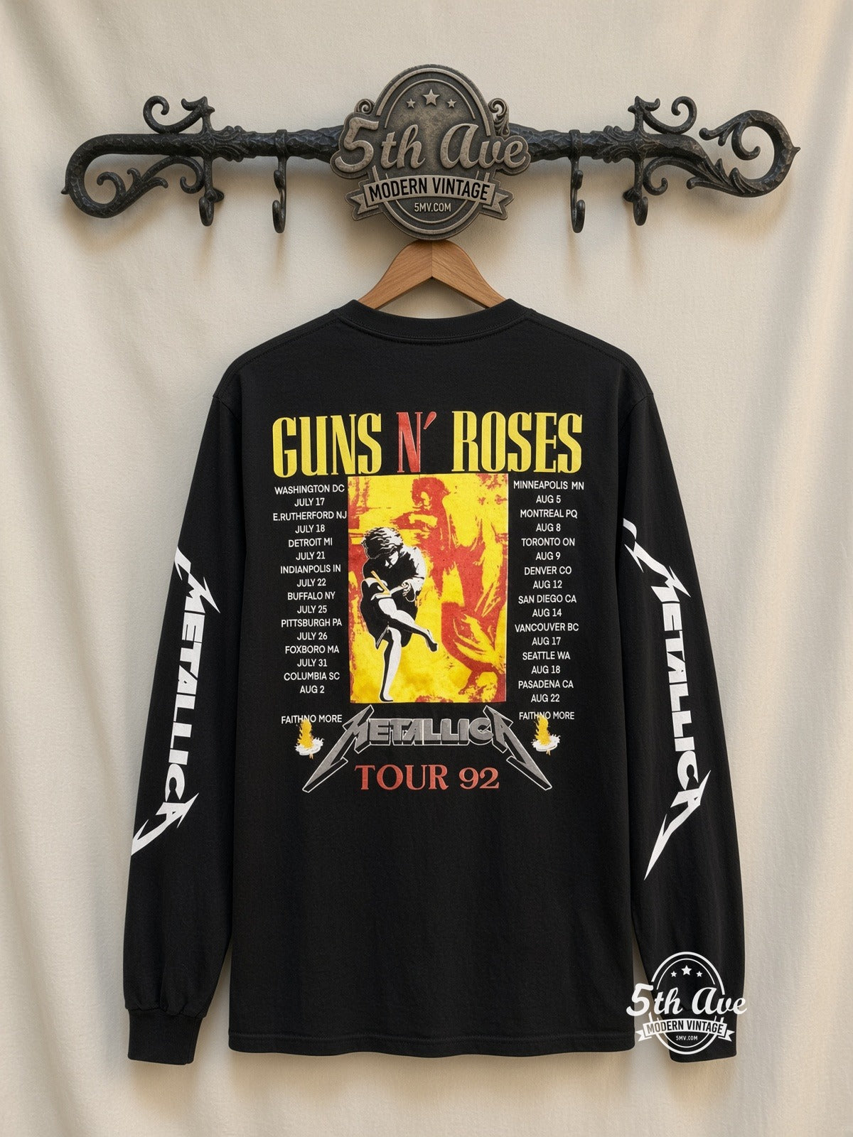 ETS LS 19 Metallica Guns N' Roses Skulls long sleeve vintage tee on rack, back
