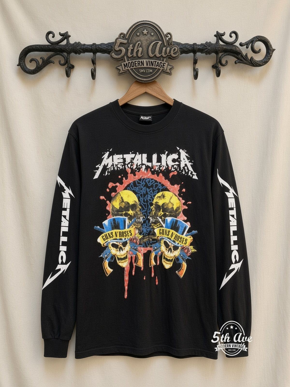 ETS LS 19 Metallica Guns N' Roses Skulls long sleeve vintage tee on rack, front