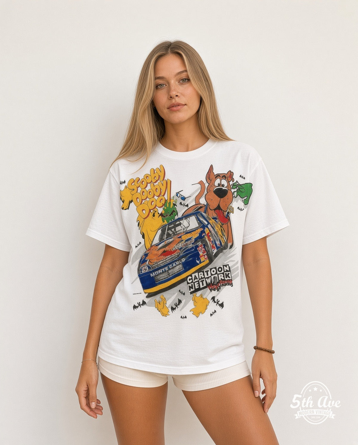 Model wearing the NASCAR Scooby-Doo Cartoon Network Racing all-over-print NASCAR t-shirt in white