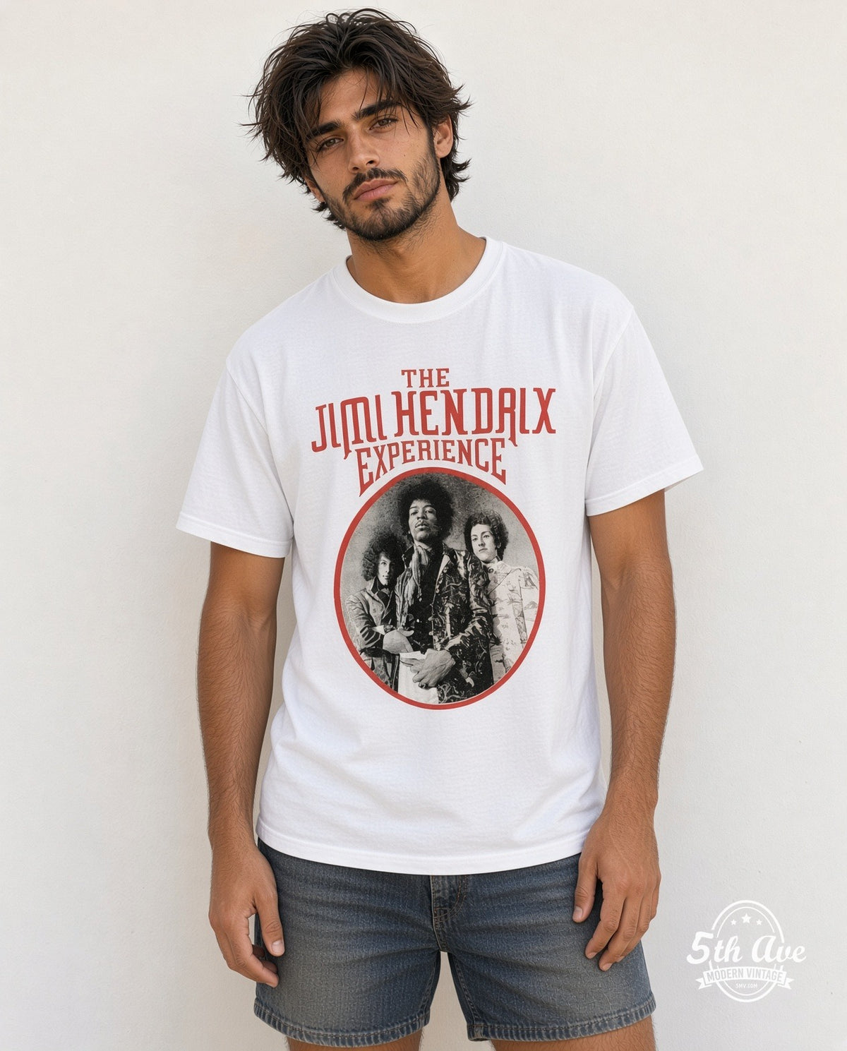 Model wearing The Jimi Hendrix Experience vintage band t-shirt
