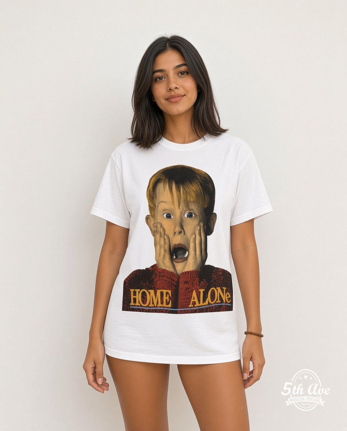 Model wearing the Home Alone Pepsi Kevin Scream movie tee