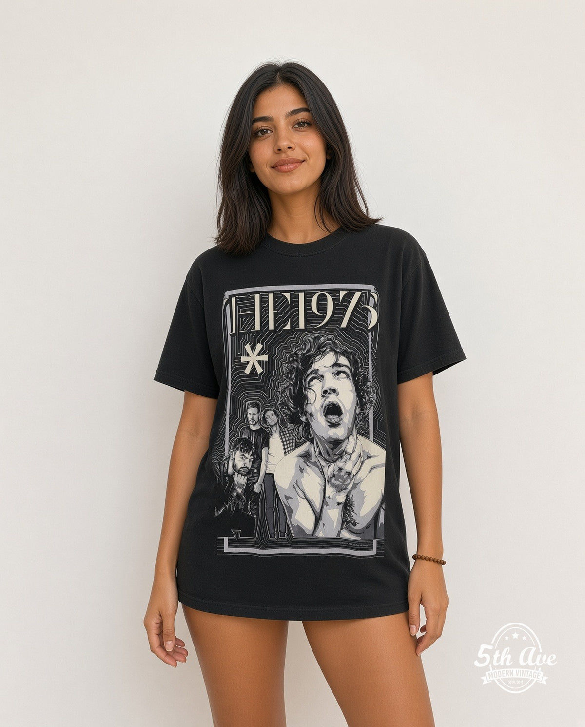 Model wearing The 1975 Matty Healy Throat Clutch Asterisk vintage band t-shirt