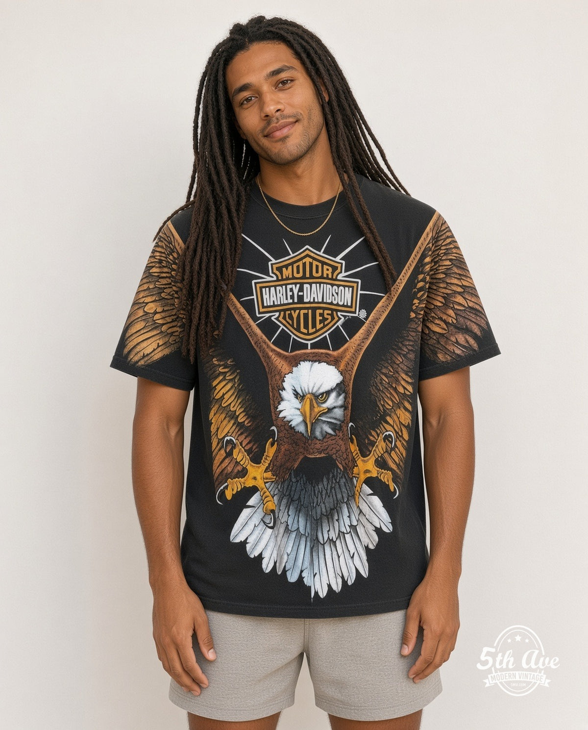 Model wearing the Harley-Davidson all-over-print graphic tee