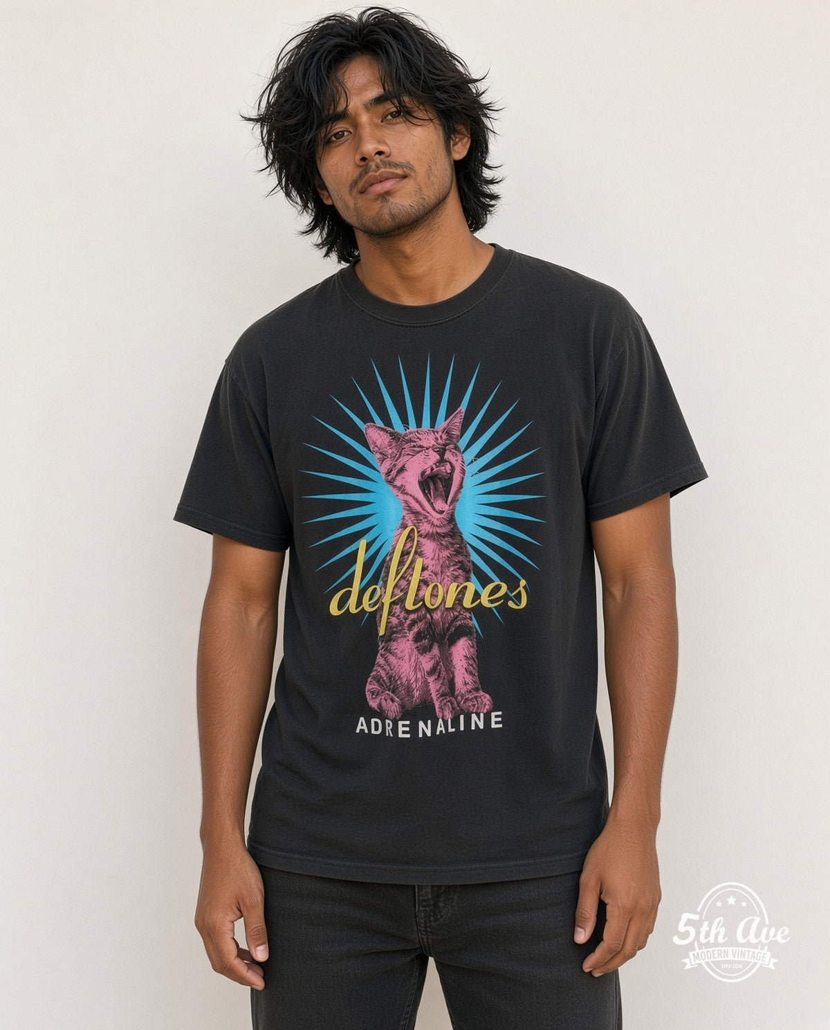 Model wearing the Deftones Adrenaline vintage band t-shirt