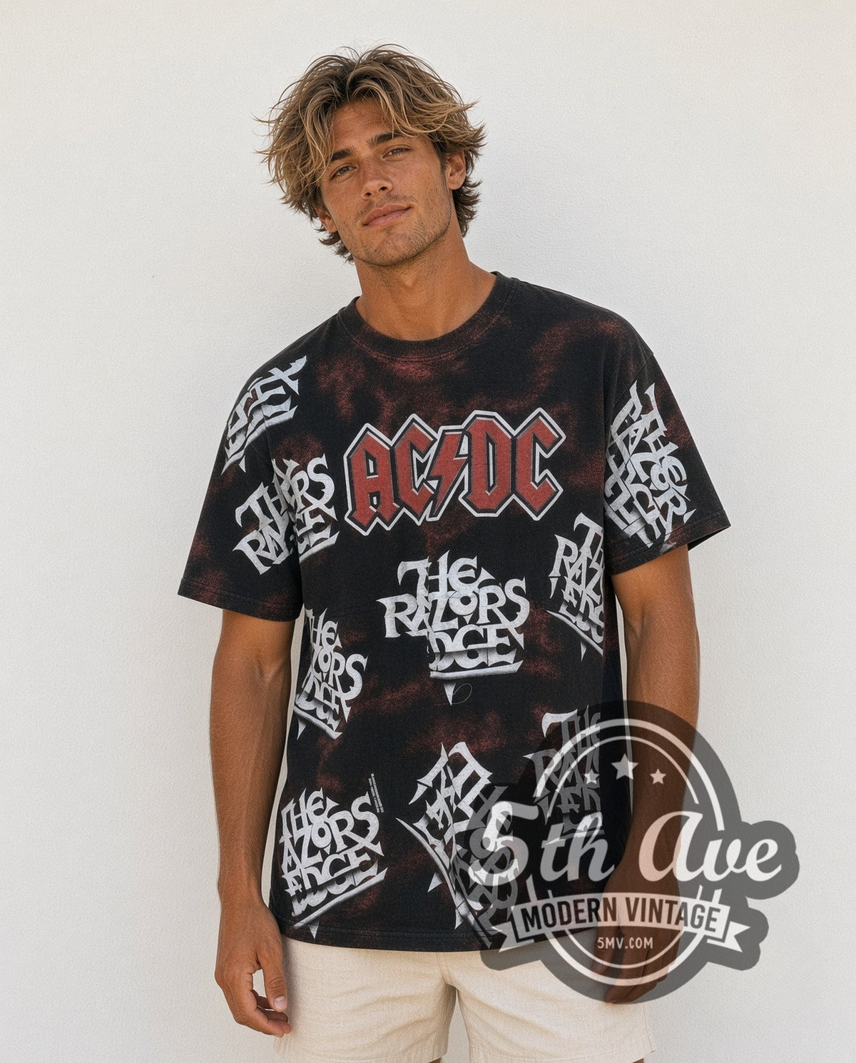 Model wearing the AC/DC The Razors Edge all-over-print vintage band t-shirt