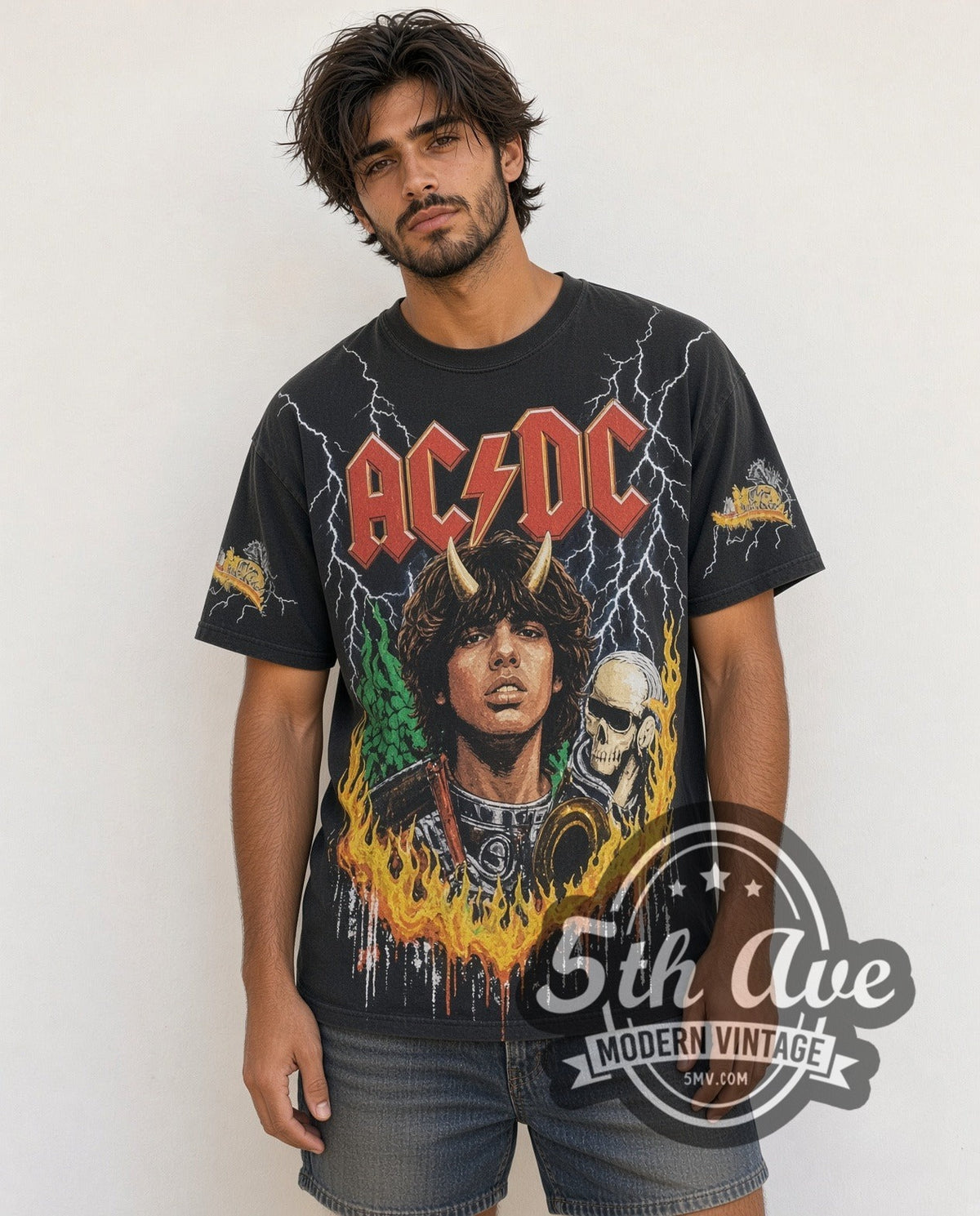 Model wearing the AC/DC Angus Young Flames all-over-print vintage band t-shirt
