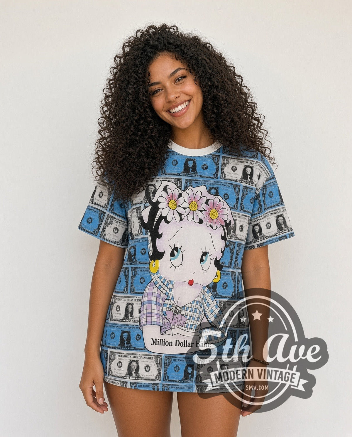 Model wearing the Betty Boop Million Dollar Babe all-over-print vintage cartoon tee