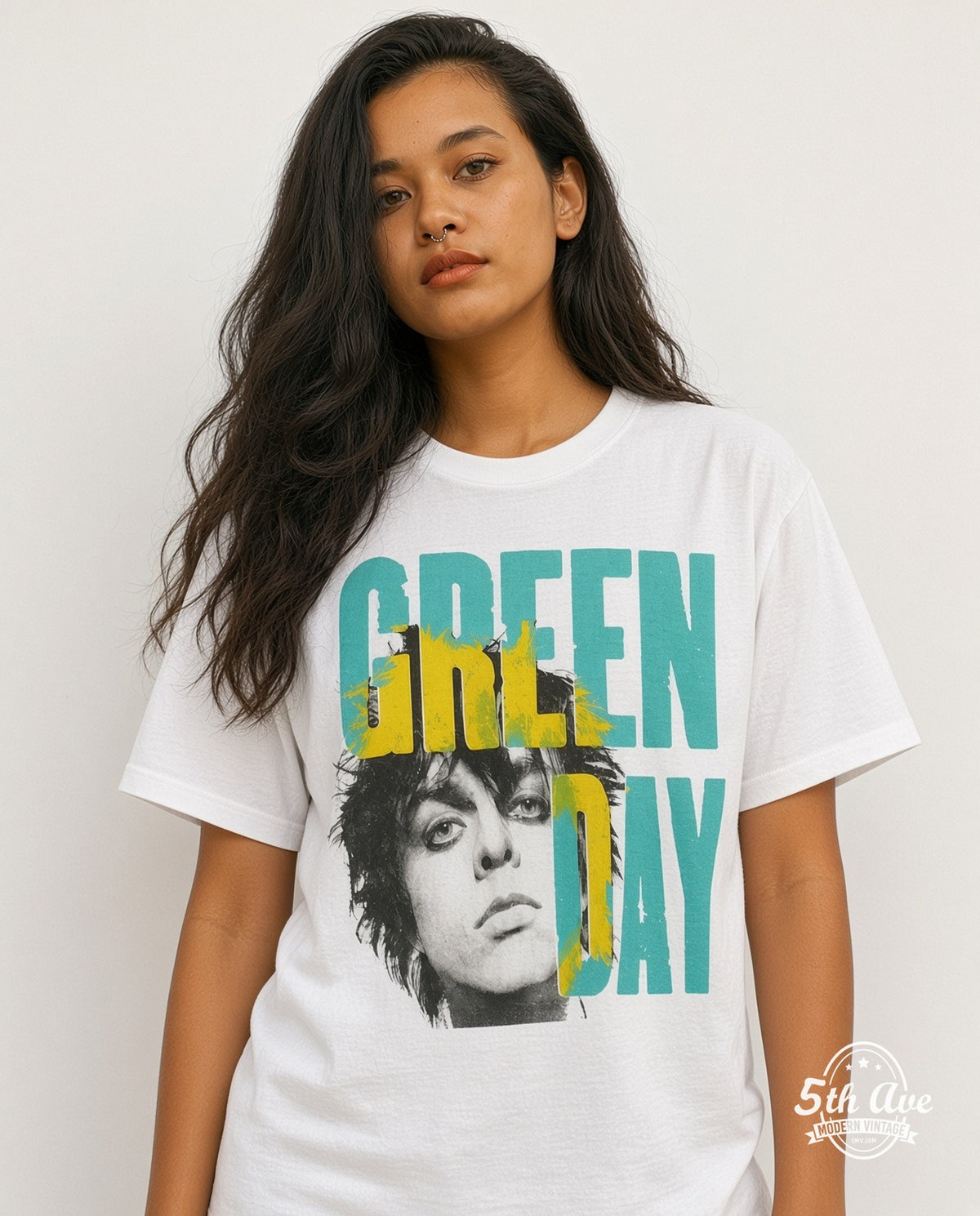 Model wearing the Green Day Portrait Logo vintage band t-shirt in white