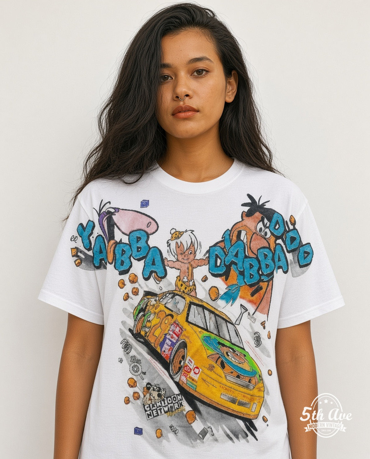 Model wearing the NASCAR Flintstones Yabba Dabba Doo Racing all-over-print NASCAR t-shirt in white
