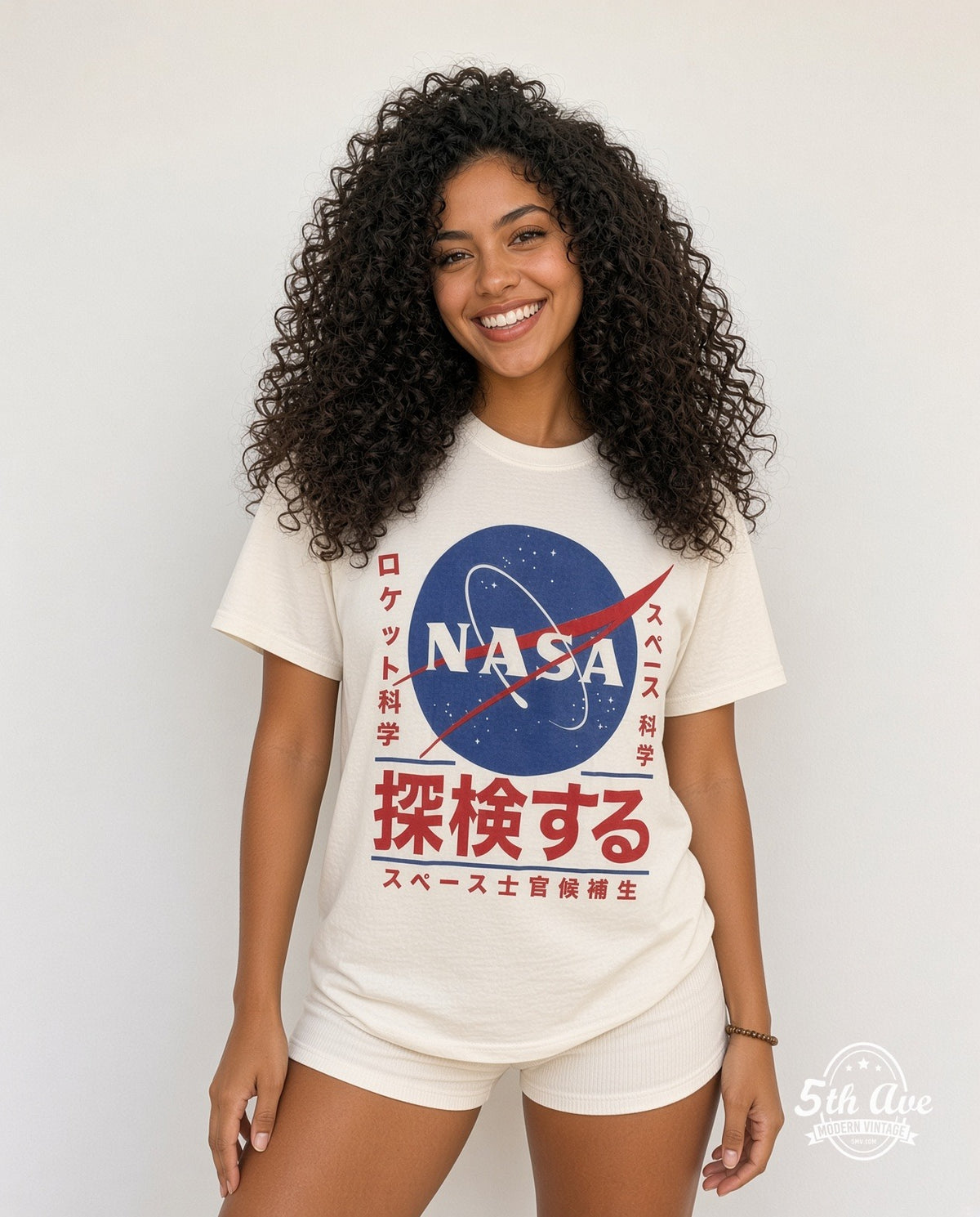 Model wearing the NASA Japanese Logo graphic tee in white