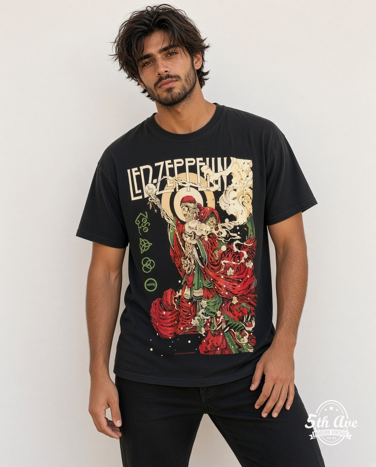 Model wearing the Led Zeppelin Psychedelic Rose Figure vintage band t-shirt