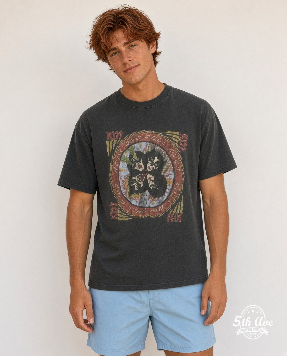 Model wearing the KISS Rock and Roll Over Album Art vintage band t-shirt