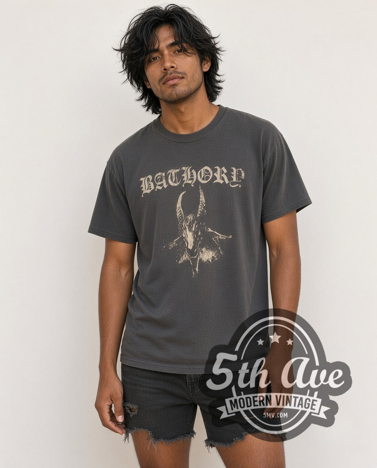 Model wearing the Bathory Goat Logo Pentagram Back vintage band t-shirt
