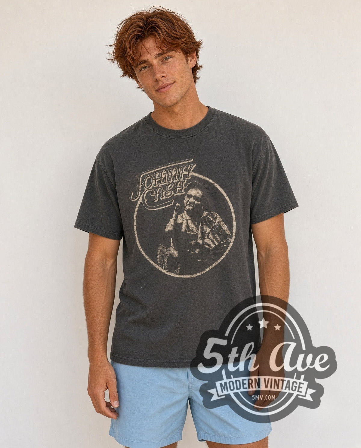 Model wearing the Johnny Cash Circle Portrait vintage band t-shirt