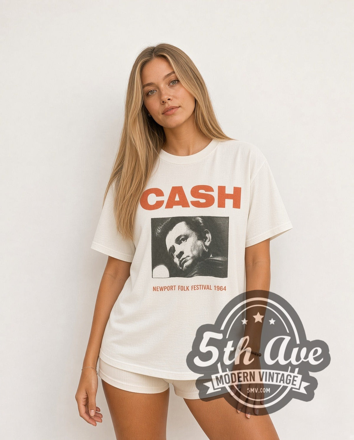 Model wearing the Johnny Cash Newport Folk Festival 1964 vintage band t-shirt