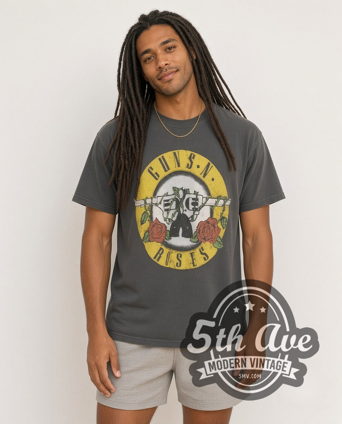 Model wearing the Guns N' Roses Bullet Circle Logo vintage band t-shirt