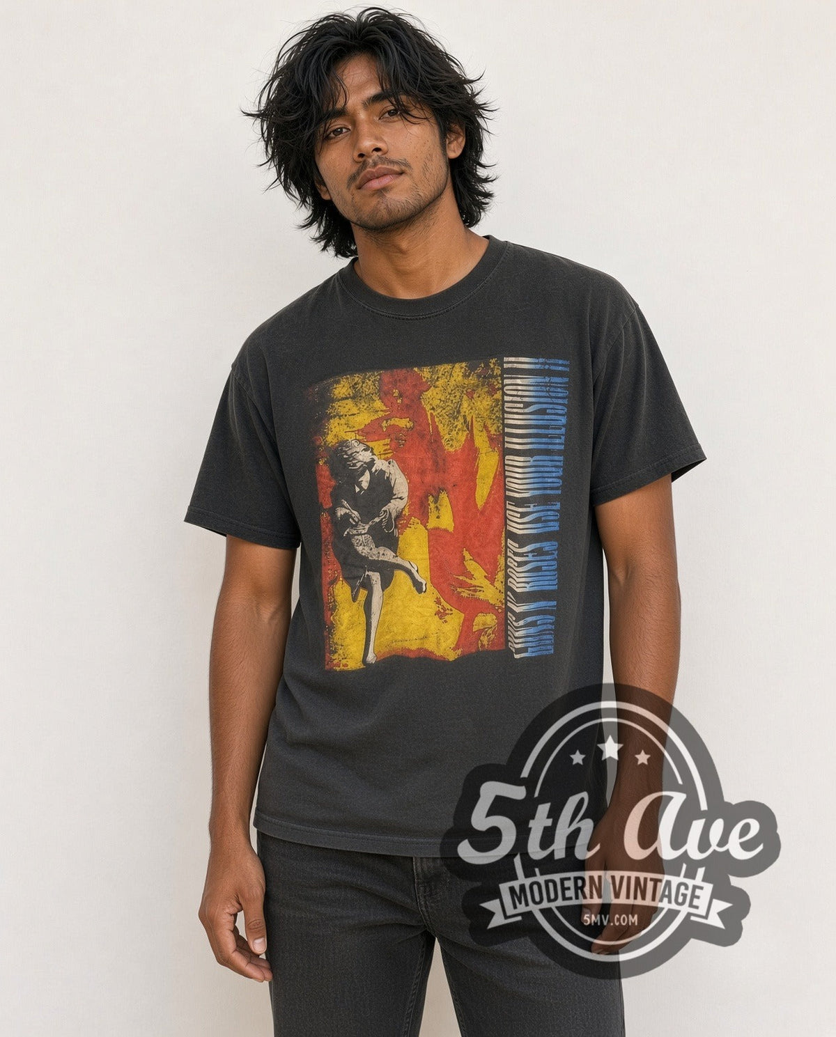 Model wearing the Guns N' Roses Use Your Illusion vintage band t-shirt