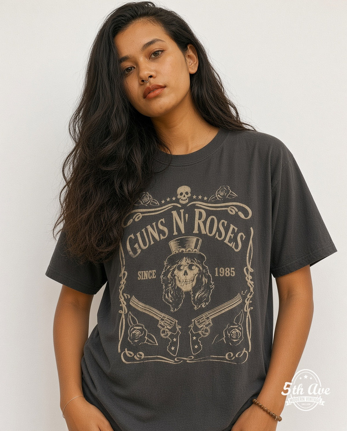 Model wearing the Guns N' Roses Est. 1985 Skull Label vintage band t-shirt