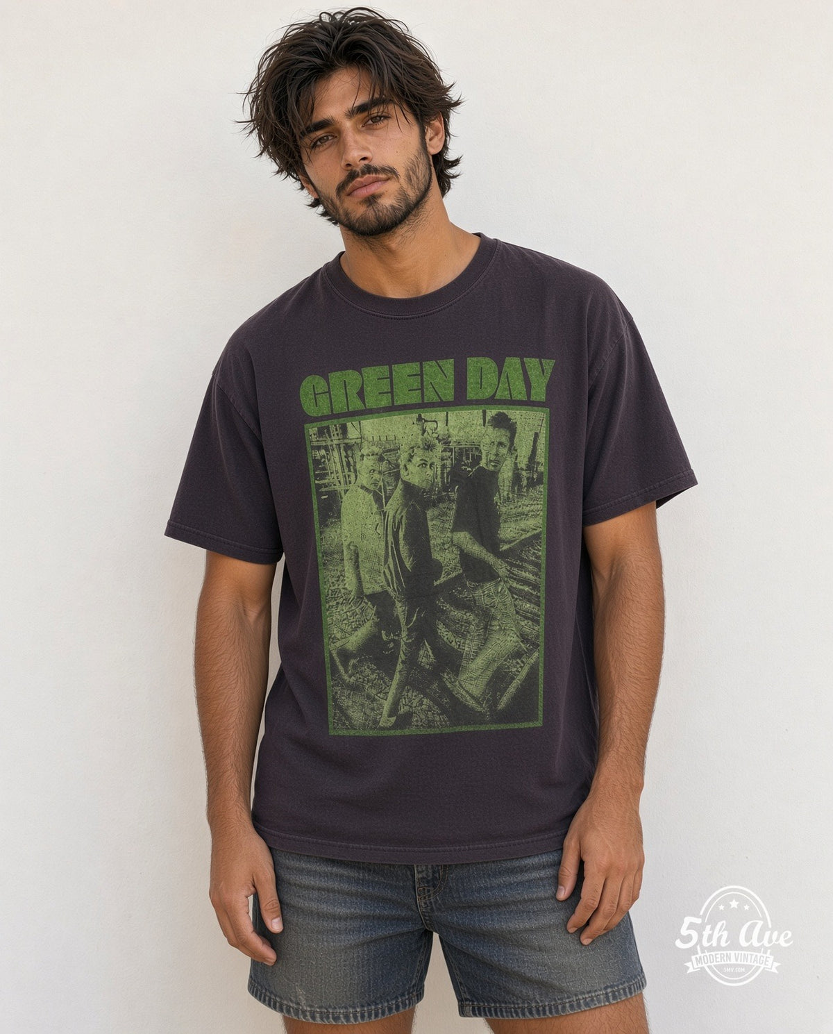 Model wearing the Green Day Green Frame Trio Band Photo vintage band t-shirt