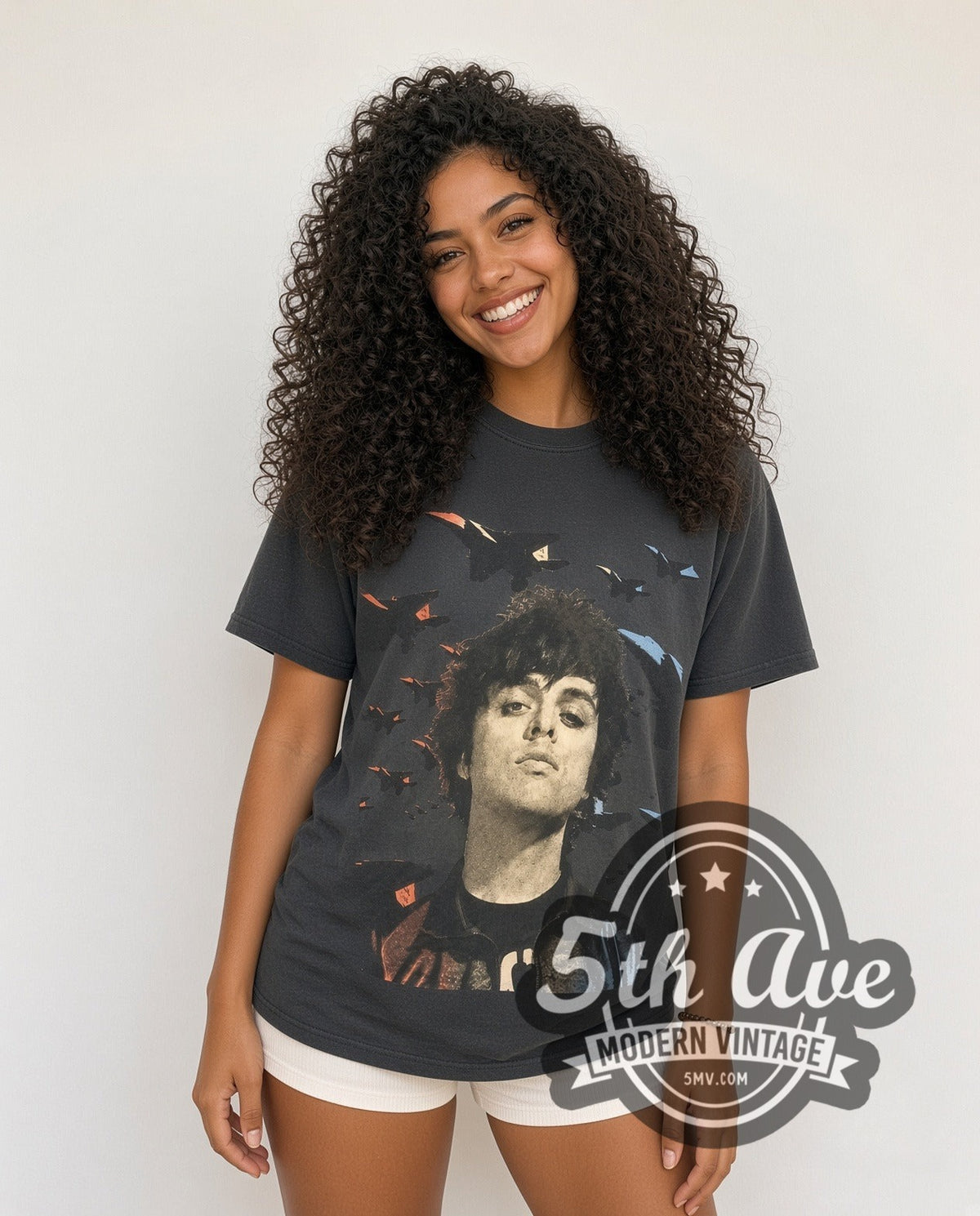 Model wearing the Green Day Frontman Portrait vintage band t-shirt